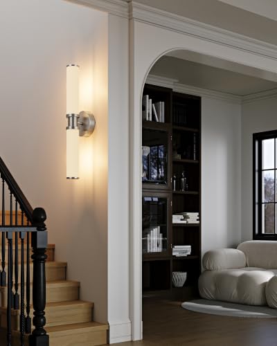 Rayogale Nickel Wireless Battery Operated Wall Sconces with Remote | White Glass Rechargeable Wall Lights Set of 2 with Timer Function Dimmable for Living Room Bedroom Emergency 3000K, 20.5 Inch - color: Nickel(White Lampshades)