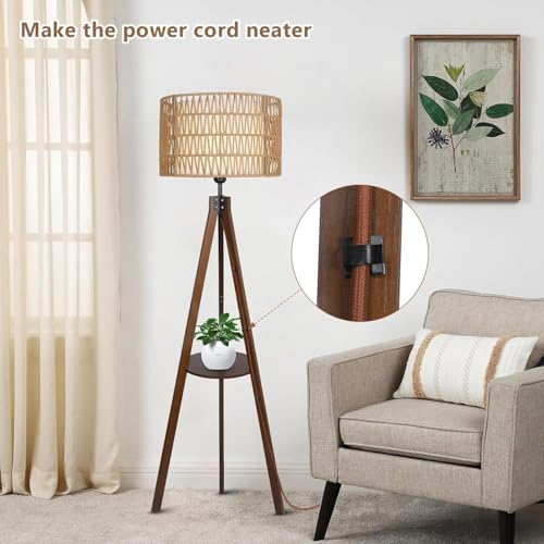 Tripod Floor Lamp with Shelves, Mid Century Wood Standing Lamp with Rattan & Fabric Shades, ON/Off Foot Switch, Modern Farmhouse Tall Floor Lamps for Living Room Bedroom Office