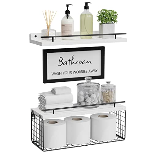 Floating Shelves for Wall Decor Sign, Bathroom Organizer and Storage, Bathroom Shelves Over Toilet with Metal Guardrail-Modern White - color: Modern White