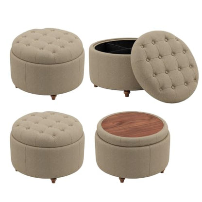 25" Round Ottoman with Storage, Small Coffee Table with Reversible Tray Lid | Tufted Fabric Round Storage Ottoman with Solid Wood Legs, 3-in-1 Footrest for Living Room, Bedroom, Entryway, Coffee - color: Coffee