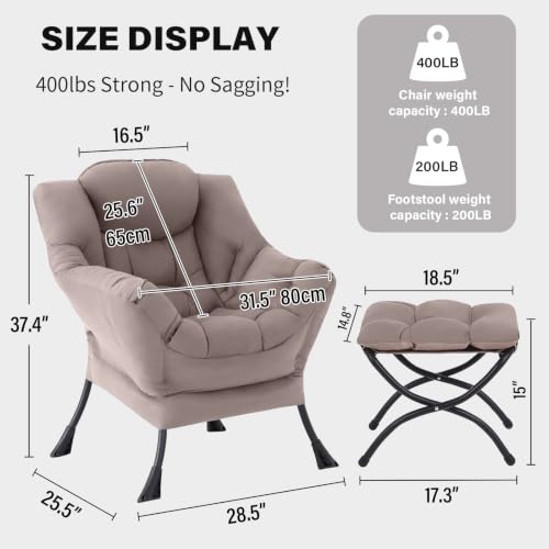 Lazy Chair with Ottoman, Comfy Reading Accent Chair, Khaki | Foldable Footrest, Padded Seat and Backrest, Side Pocket for Lounging in Living Rooms, Bedrooms, Dorms and Small Spaces - color: Peach Skin Khaki
