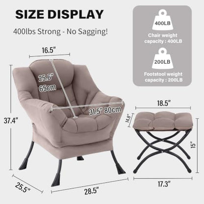 Lazy Chair with Ottoman, Comfy Reading Accent Chair, Khaki | Foldable Footrest, Padded Seat and Backrest, Side Pocket for Lounging in Living Rooms, Bedrooms, Dorms and Small Spaces - color: Peach Skin Khaki