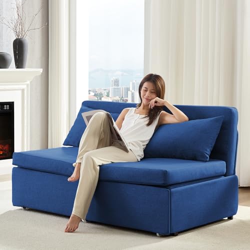 BALUS 43" W Queen Size Sleeper Couch Bed Pull Out Sofa with Pullout Beds, 2 in 1 Convertible Linen Single Sleepers Sofas Chair with Foldable Mattress and Pillows for Small Space Apartment, Blue - color: Blue, size: Queen