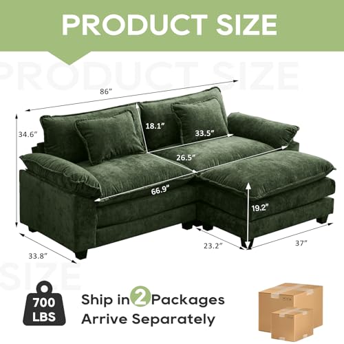 86" Modular Sectional Sofa, Comfy Deep Cloud Couch with Ottoman | L-Shaped Couches for Living Room, Modular Couch, Deep and Wide Seat, Chenille Sofa Sleeper with Throw Pillows, Green - color: Green, size: 86 Inch L