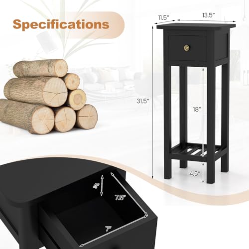 Narrow Side Table, Tall Nightstand with Drawer and Shelf, Small Bedside Tale for Small Space, Living Room End Tables, No Assembly (1, Black) - color: Black