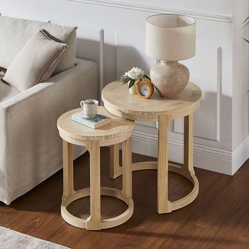 24" Round Nesting Coffee Table Set of 2, Solid Wood Coffee Tables Mid Century Rustic Farmhouse Side End Tea Table for Living Room, Apartment (Oak) - color: 24" Oak