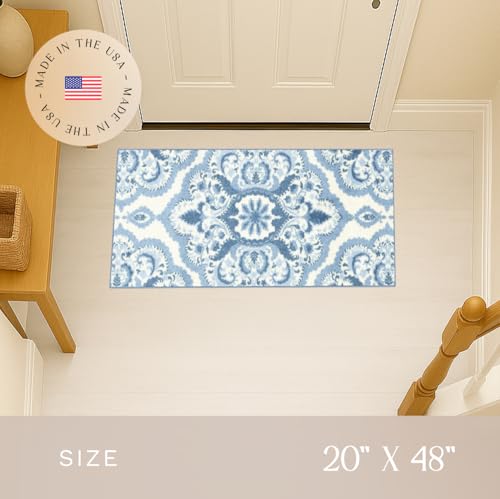 Maples Rugs Vivian Medallion Runner Rug - Made in USA - Washable, Non Slip, Indoor Carpet for Hallway, Kitchen, and Laundry Room, 1'8 x 4', Blue/White - color: Blue/White, size: 1'8" x 4' (Runner)