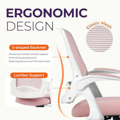 NEO CHAIR Office Desk Chair, Ergonomic Mesh with Flip-Up Armrests, Pink | Lumbar Support, Height Adjustment, 360° Swivel and Rolling Base, Space-Saving Design for Home Office, Vanity or Study - color: Pink