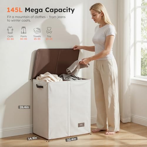 SOLEDI Luxury Double Laundry Hamper with Lid and Removable Bags, 38.3 Gal Large Laundry Bin, Laundry Basket 2 Sections, Collapsible Clothes Hamper for Bedroom, Laundry Room, Bathroom, Off-white - color: Off White, size: 145l