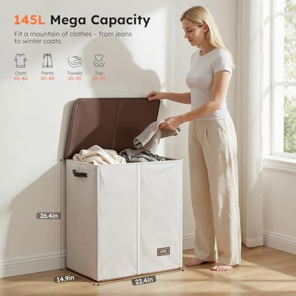 SOLEDI Luxury Double Laundry Hamper with Lid and Removable Bags, 38.3 Gal Large Laundry Bin, Laundry Basket 2 Sections, Collapsible Clothes Hamper for Bedroom, Laundry Room, Bathroom, Off-white - color: Off White, size: 145l