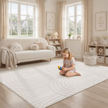 Sour Lemon Area Rugs 9x12 Living Room Bedroom, Modern Washable Rug White | Machine Carpet Non-Slip, Soft Large Fluffy Plush Thick, Big, Geometric High-Low Pile Nersy Rug for Kids Dining Room - color: Milky White, size: 9' x 12' (Rectangular)