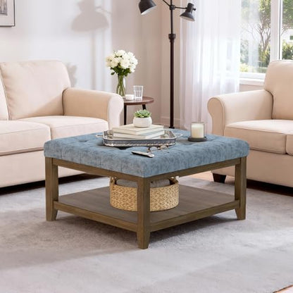 ABHENG 31.5" Large Square Storage Ottoman, Upholstery Solid Rubberwood Coffee Couch Table with Open Shelf, Foot Stool Load up to 330lb, Chenille Gray UASND67G - color: Grey, size: 31.5"D x 31.5"W x 20"H