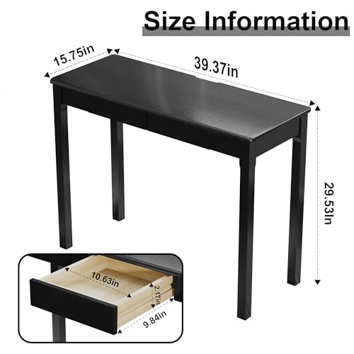 Solid Wood Desk with Drawers - 39 x 16 Inch Simple Narrow Desks, Rubber Wood Study Table, Small Writing Desk for Small Spaces|Bedroom - Modern Black Desks - color: Black, size: 39.4 in W x 15.7 in D