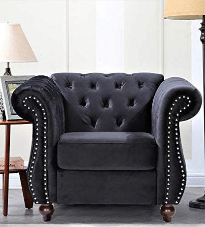 GDFStudio 40.6" Modern Velvet Accent Chair, Chesterfield Upholstered Lounge Chair with Rolled Arms, Comfy Single Sofa Chair with Button Tufted Back & Wood Tapered Legs for Living Room Bedroom, Black - color: Black, size: 1 Seat