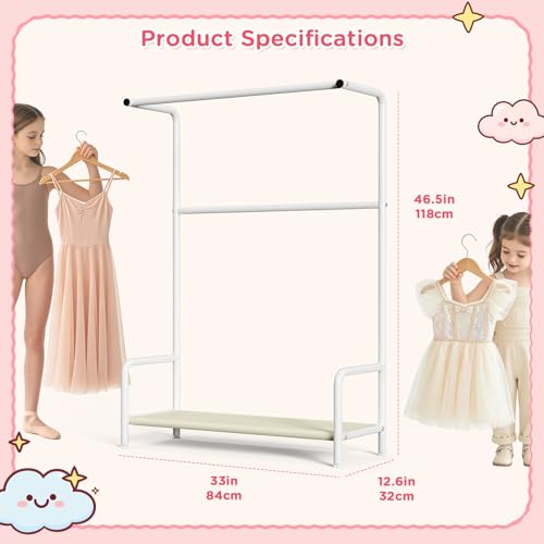 Kids Clothing Rack Double Rods for Bedroom Playroom White | Double Rod Design, Powder Coated Steel, Bottom Storage Shelf, for Baby Toddler Clothes, Dress Up, Nursery, Bedroom, Playroom - color: White