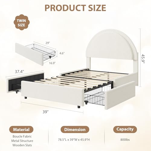 Garvee Twin Size Bed Frame with 2 Storage Drawers, Upholstered Boucle Platform Bed with Round Headboard, Heavy Duty & Noise Free, No Box Spring Needed, Beige | Round Headboard, Heavy Duty & Noise Free, No Box Spring Needed - color: Beige, size: Twin