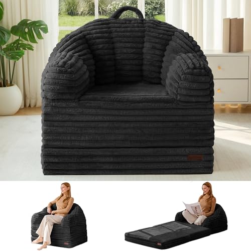 MAXYOYO Folding Sofa Bed Chair, Sleeper Chair for Adults, Faux Fur, Single | 2-in-1 Fold-Out Chair Bed, Convertible Floor Lounger with Carry Handle for Reading, Relaxing or Overnight Use, Black - color: Black
