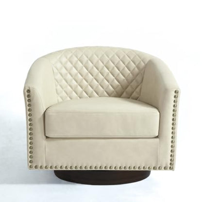 Faux Leather Swivel Accent Chair, Modern Barrel Club Armchair, Beige | Comfy Living Room Chair, Modern Nailhead Trim Round Armchair Bedroom Reading Seat with Removable Cushion, Wood Frame - color: Retro Beige