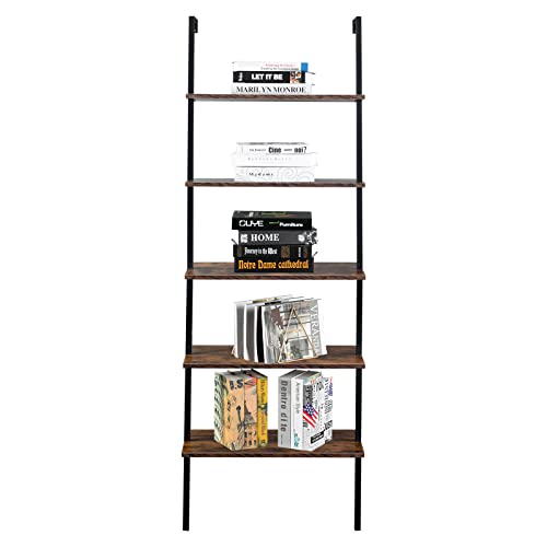 5-Shelf Modern Bookcase, Open Wall Mount Ladder Bookshelf with Industrial Metal Frame for Living Room Bedroom Home Office (Brown5) - color: Brown5