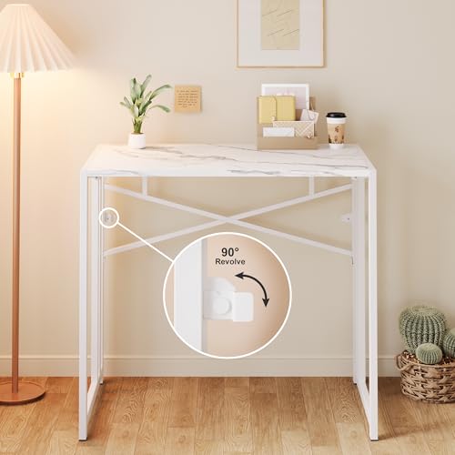 Lutown-Teen 35 inch Folding Small Desk, White Marble | Writing Gaming Computer Camping Desk for Small Spaces, No Assembly Required Home Office Table - color: White Marble, size: 35 Inch