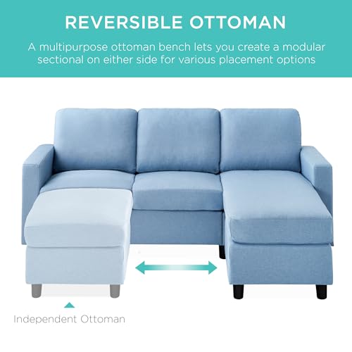 Best Choice Products Upholstered Sectional Sofa for Home, Apartment, Dorm, Bonus Room, Compact Spaces w/Chaise Lounge, 3-Seat, L-Shape Design, Reversible Ottoman Bench, 680lb Capacity - Light Blue - color: Linen - Light Blue