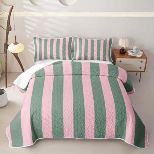 Minimalist Stripe Quilted Bedspread King Size,Geometric Line Art Patchwork Quilt Bedding Set 3 Pieces,Moroccan Y2K Retro Boho Bed Covers for All Season,Pink Green Quilted Coverlet,2 Pillowcases - color: Pink Green, size: King