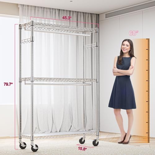 M MZG Heavy Duty Rolling Garment Rack 3 Tiers Adjustable Wire Shelving Clothes Rack with 2 Rods and Side Hooks,Storage Closet Clothing Rack with Wheels Chrome 15.7" D x 45.3" W x 79.6" H - color: Chrome, size: 3 Tier and 2 Rod 15.7"D x 45.3"W x 79.6"H