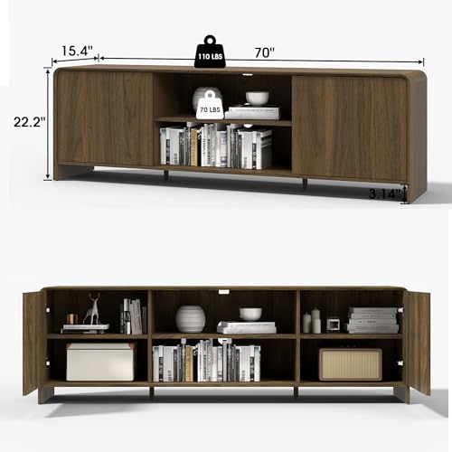 Bevfint Modern TV Stand for 80 Inch TVs, Rustic Entertainment Center for Cozy Home Theater & Holiday Gatherings, Dark Oak Media Console Cabinet with Storage & Arc Design - Walnut Grain - color: Walnut Grain
