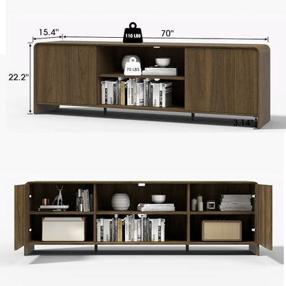 Bevfint Modern TV Stand for 80 Inch TVs, Rustic Entertainment Center for Cozy Home Theater & Holiday Gatherings, Dark Oak Media Console Cabinet with Storage & Arc Design - Walnut Grain - color: Walnut Grain