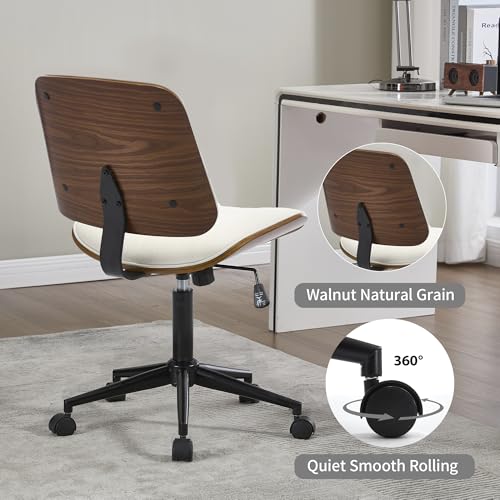 VipDesk Small Home Office Chair - Armless Mid Back Desk Chair with 360° Swivel and Wheels, PU Upholstered Height Adjustable Modern Walnut Computer Chair for Home, Office Meeting Room - White - color: White, size: Classic