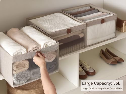 StorageWorks Closet Storage Bins, Extra Large Storage Baskets with Clear Window and Handles, Foldable Fabric Organizer for Clothes, Shelves, Brown and Beige, 3 Pack - color: Brown and Beige, size: 14 ½"L x 14 ½"W x 10 ¼"H