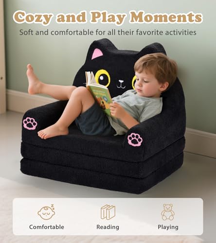Foryoomi Kids Couch, 2-in-1 Soft Toddler Couch Fold Out with Blanket, Chair Comfy, Foldable Convertible Plush Sofa, Gifts for Kids Girl Boys, Black Cat - color: Black