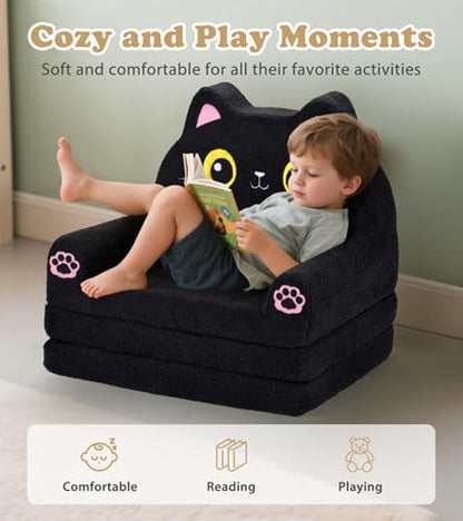 Foryoomi Kids Couch, 2-in-1 Soft Toddler Couch Fold Out with Blanket, Chair Comfy, Foldable Convertible Plush Sofa, Gifts for Kids Girl Boys, Black Cat - color: Black