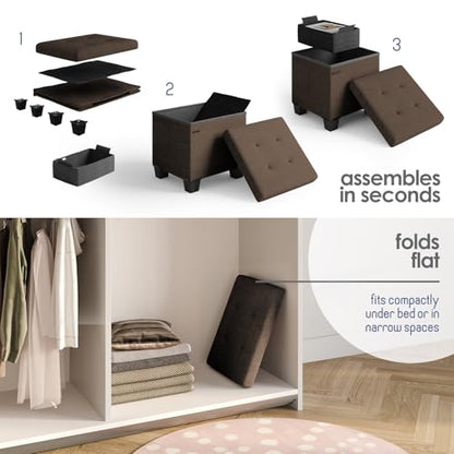 Storage Ottoman Cube with Small Bin, 15-in Square Ottoman with Storage for Living Room and Bedroom, Small Ottomans Foot Rest, Fabric Foot Stools Ottomans Max 330lbs, Brown - color: 06 - Brown