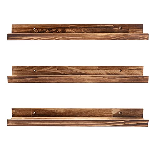 MBYD 24 Inch Picture Ledge Shelf Set of 3, Rustic Torched Wood Floating Shelves for Bedroom Living Room Kitchen Wall Decor, Carbonized Finish Display Nursery Bookshelf for Photos, Books, and Art - color: Carbonized Black, size: Set of 3 24 in