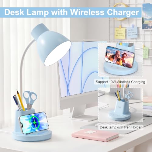 10W Wireless Charging LED Desk Lamp with Pen Holder, CRI 95, Blue | 800LM, 3 Modes, 360°Flexible Arm, Touch, Brightness, Table Lamp for Home Office, Dorm, Bedside, Study, Reading, with Adapter - color: Blue