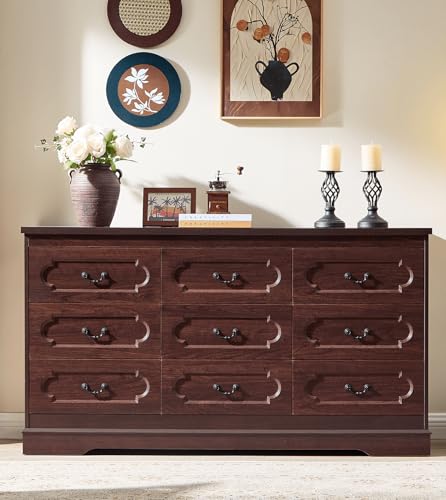 9 Drawer Dresser for Bedroom Cherry Bedroom Dresser 59" Wide Wooden Cabinet | Farmhouse Wood Chest of Drawers , Modern Rustic Drawers Dressers Wooden Closet and Storage Cabinet, Hallway, Living Room - color: Cherry, size: 15.7"D x 59"W x 32.8"H (9 Drawers