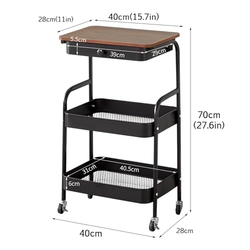 3-Tier Rolling Utility Cart with Drawers, Solid Wood Tabletop Metal Storage Cart, 360° Swivel Wheels & 2 Lockable Casters, Lightweight Mobile Organizer Trolley for Kitchen Living Room Bathroom - color: White