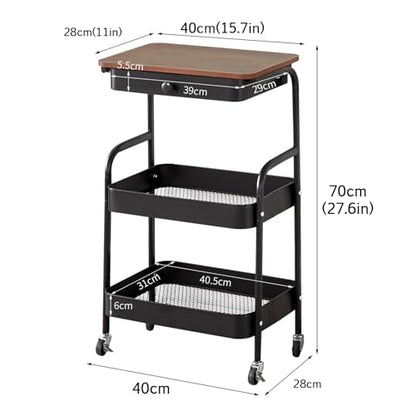 3-Tier Rolling Utility Cart with Drawers, Solid Wood Tabletop Metal Storage Cart, 360° Swivel Wheels & 2 Lockable Casters, Lightweight Mobile Organizer Trolley for Kitchen Living Room Bathroom - color: White