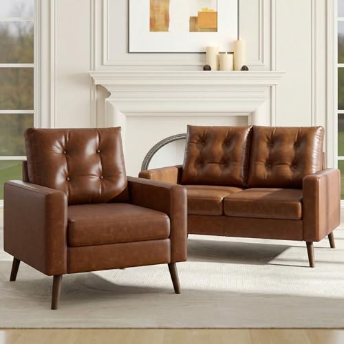 HNY Mid Century Modern 53" Loveseat Sofa, Comfy Upholstered Button Tufted Faux Leather 2 Seater Couch, Lounge Sleeper Love Seats for Small Spaces Living Room Apartment Bedroom, Brown