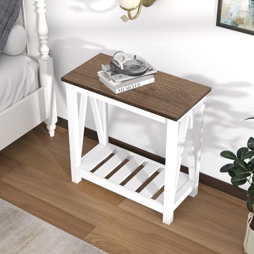 ChooChoo Farmhouse End Table Set of 2, Narrow Side Table with Shelf | Slim Bedside Table ,Small Spaces, Rustic Nightstand, Living Room, Bedroom,White - color: White, size: 2 Pack