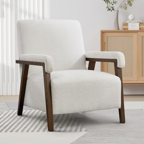 Bonzy Home Mid-Century Modern Accent Chair,Upholstered Armchair with Lumbar Cushion Padded Arms,Comfy Fabric Reading Chair with Stable Wooden Frame for Living Room & Bedroom,Beige - color: White, size: 1PCS