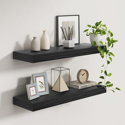 Fun Memories 9 Inch Deep Black Floating Shelves, Farmhouse Rustic Natural Wood Floating Shelf Wall Mounted, 30 x 9 Wall Shelves Set of 2, Deep Black Bathroom Shelves - color: Black, size: 30"W x 9.3"D
