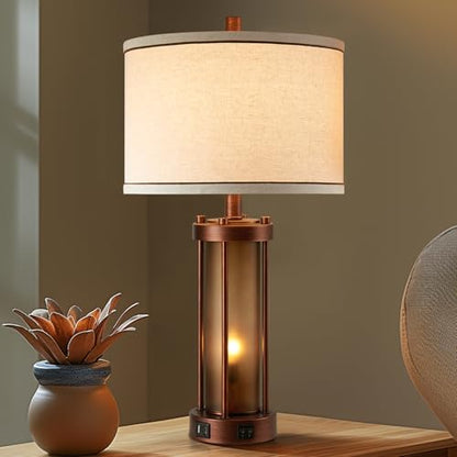 RORIA Set of 2 Farmhouse Table Lamps for Living Room with 2 USB Ports | Rustic Bedside Lamps, Bedroom Nightstand Lamp with Amber Frosted Glass Nightlight, Entryway, Office, 4 Bulbs Includes - color: Red Bronze
