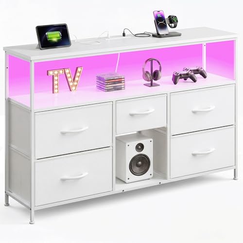 Romorgniz TV Stand for 45/50" TVs, 5 Drawers & LED Lights & Power Outlets | Strong Metal Frame for Stability, Spacious Shelves Display Collections & Keep Organized, Dresser for Bedroom & Studio, White - color: White