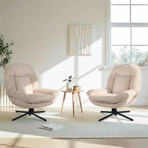 GINGO 24" High Back Swivel Accent Chair Set of 2 for Living Room, Beige | Large Accent Chair, Comfy Reading Chair Oversized, Slightly Rocking Upholstered Armchair, Ergonomic Fabric Modern Chair - color: Beige
