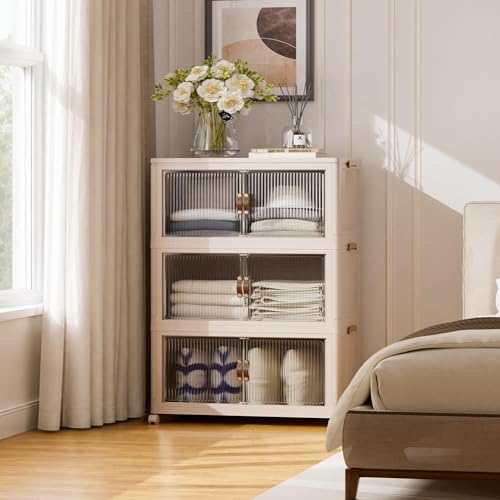 SAILUN 381Qt Extra Large Stackable Storage Bins Folding Collapsible Storage Bins with a Lid, Closet Organizers and Storage Blush White 28" W x 17" D x 46" H | Stackable Storage Drawers with Lids,28" W x 17" D x 46" H,Featuring open-front Access for Clothe