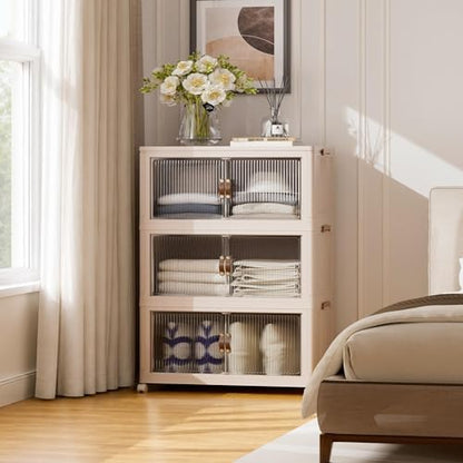 SAILUN 381Qt Extra Large Stackable Storage Bins Folding Collapsible Storage Bins with a Lid, Closet Organizers and Storage Blush White 28" W x 17" D x 46" H | Stackable Storage Drawers with Lids,28" W x 17" D x 46" H,Featuring open-front Access for Clothe