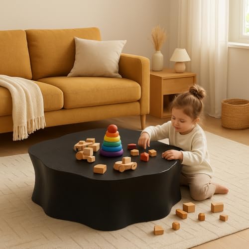 Round Black Marble Coffee Table, Modern Drum Design, Circle FiberglassCoffee Table, End Table for Living Room, Apartment, No Assembly Required (35''Black Flower) - color: 35''black Flower