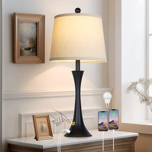 27.5" Black table Lamps for Living Room, Touch Control 3-Way Dimmable Bedside Nightstand Lamps Bedroom Lamp,Modern Black Table Lamp with USB A+C Ports,Tall Lamps for Living Room End Table（1Pack） - color: Black (1 Pack)